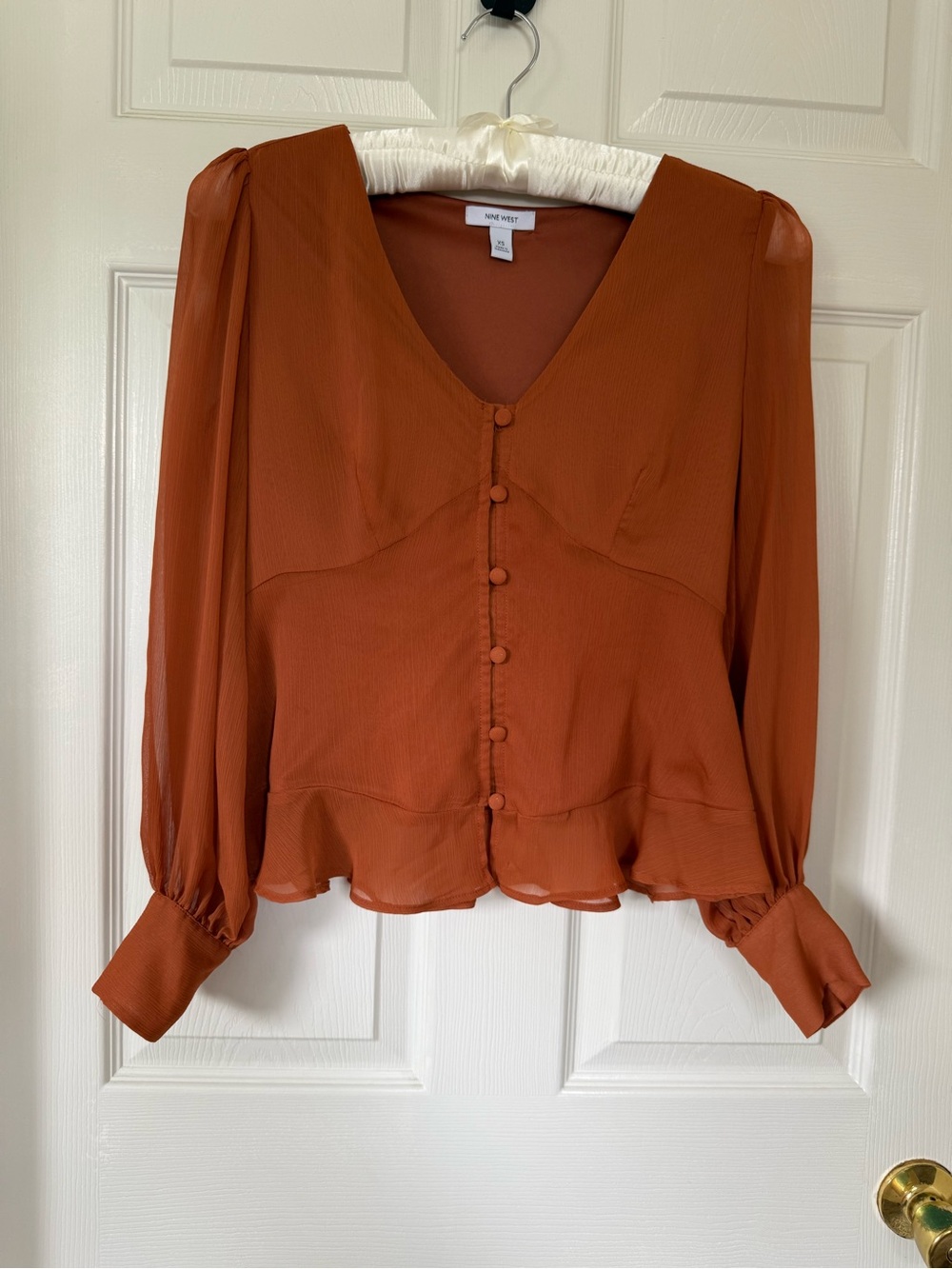 Nine West Rust Button-Front Sheer Peplum Blouse